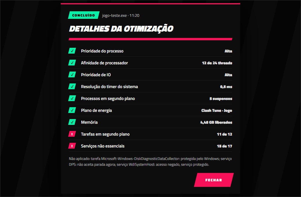 Diálogo Detalhes da otimização, com cada item marcado como aplicado, aplicado em parte ou com falha