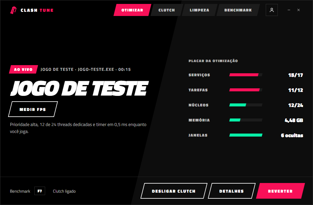 Tela do Clash Tune com um jogo otimizado: placar de serviços, tarefas, núcleos, memória e janelas