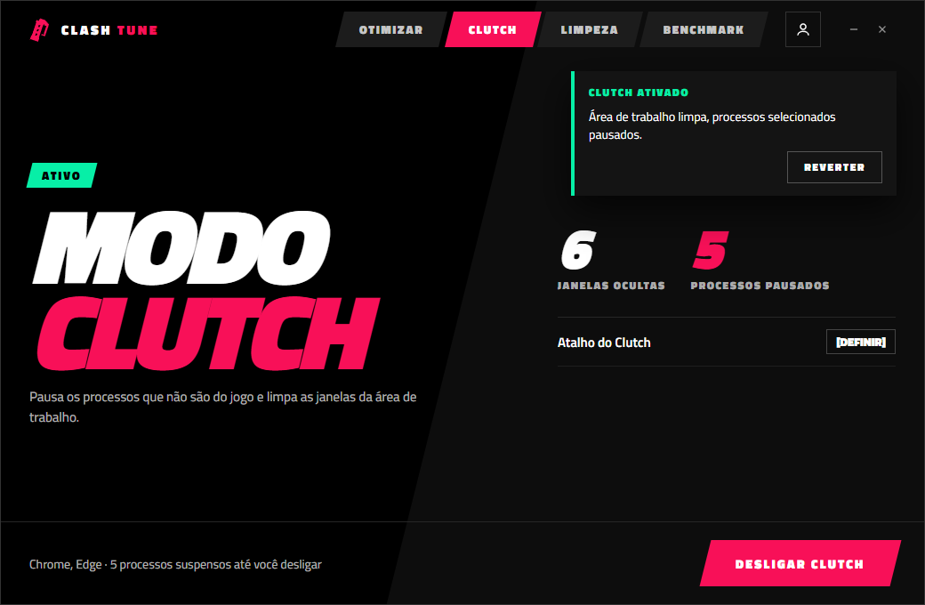 Tela do Modo Clutch ativo, com contadores de janelas ocultas e processos pausados
