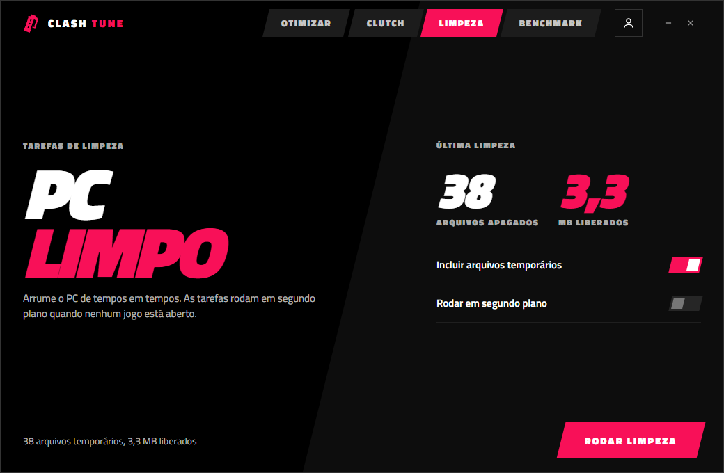 Tela de Limpeza com a última limpeza e as opções